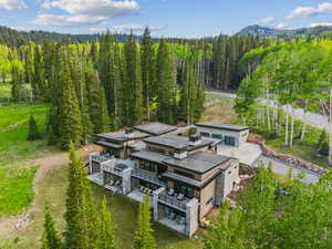 Aerial view of property and surrounding area featuring a heavily wooded area and mountains