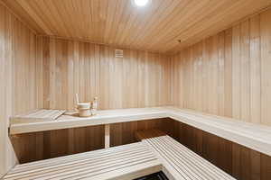 Sauna / steam room featuring wooden ceiling and wood walls