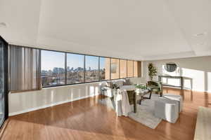Living area with a skyline view, light wood-style floors, and a tray ceiling