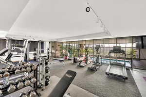 Workout area with floor to ceiling windows and rail lighting