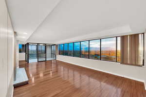 Unfurnished room featuring a mountain view and light wood-style floors