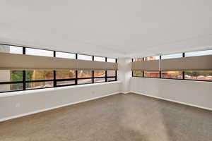 Carpeted spare room featuring baseboards