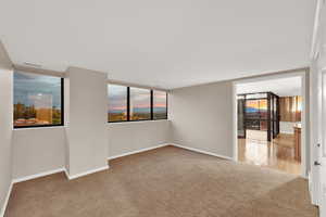 Spare room featuring light colored carpet and baseboards