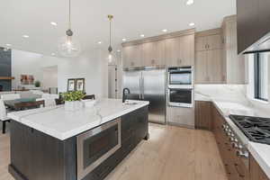 Kitchen featuring built in appliances, light wood finished floors, recessed lighting, light brown cabinetry, and a kitchen island with sink