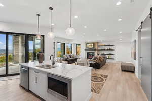 Kitchen featuring a barn door, white cabinets, stainless steel appliances, a glass covered fireplace, and light stone counters