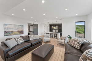Living area with a barn door, light wood finished floors, and recessed lighting