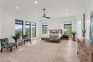 Bedroom featuring recessed lighting, light wood-style floors, and ceiling fan