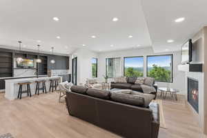 Living area featuring recessed lighting, light wood-type flooring, and a large fireplace