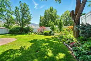 Fenced backyard with a mountain view