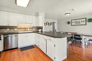 Kitchen featuring stainless steel dishwasher, a peninsula, dark countertops, backsplash, and light wood-style flooring