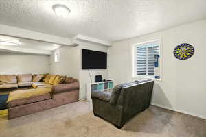 Carpeted living room with a textured ceiling