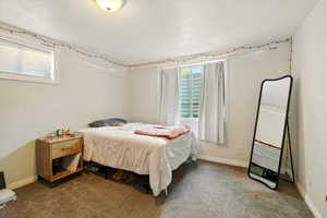 Carpeted bedroom featuring baseboards