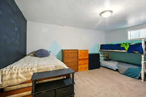 Carpeted bedroom with a textured ceiling