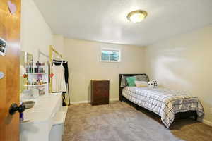 Carpeted bedroom with a textured ceiling and baseboards