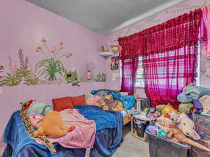 Bedroom with carpet and a textured ceiling