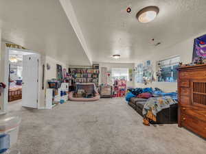 Carpeted living room featuring a textured ceiling