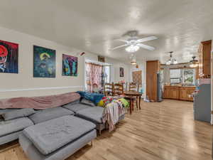 Living room featuring a ceiling fan, light wood finished floors, healthy amount of natural light, and a textured ceiling