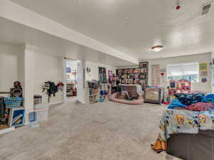 Living area with a textured ceiling and carpet floors