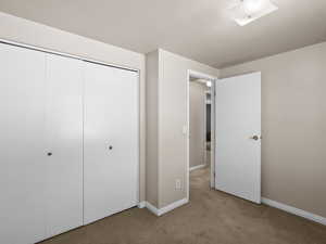 Unfurnished bedroom featuring light colored carpet and a big closet