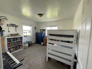 Carpeted bedroom featuring multiple windows and a textured ceiling