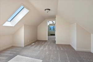 Additional living space with a skylight, carpet, and vaulted ceiling