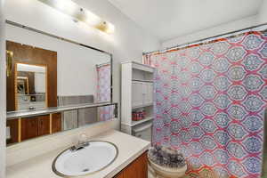 Full bathroom with vanity and curtained shower