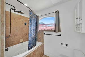 Full master bath with view of mountains, white cabinet is included