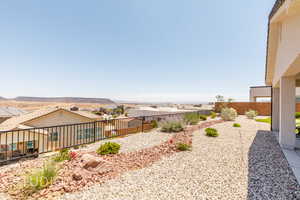 Fenced backyard with a residential view