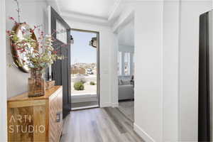 Entrance foyer with light wood-type flooring and baseboards