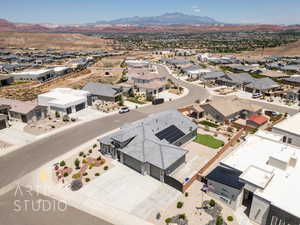 Aerial view of residential area with mountains