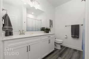 Full bathroom with vanity, wood finished floors, and a shower with shower curtain