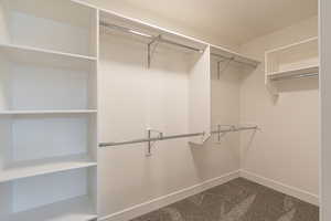 Spacious closet featuring dark colored carpet