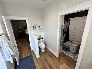 Bathroom with wood finished floors and a spacious closet