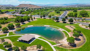 Aerial view of a water and mountain view