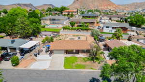 Aerial perspective of suburban area with mountains