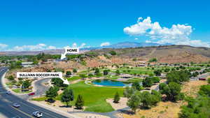 Aerial view of a water and mountain view