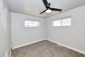 Unfurnished room featuring carpet, healthy amount of natural light, a ceiling fan, and ornamental molding