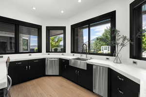 Kitchen featuring dark cabinetry, stainless steel appliances, light countertops, plenty of natural light, and recessed lighting
