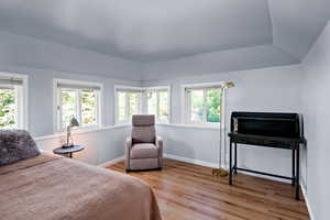 Bedroom featuring light wood-type flooring, multiple windows, and lofted ceiling