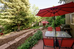 View of patio featuring outdoor dining space, grilling area, and an outdoor structure
