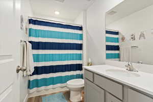 Full bathroom featuring vanity, wood finished floors, and a shower with curtain