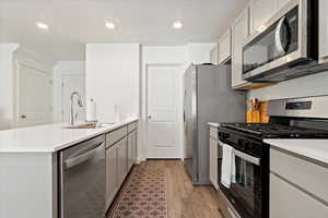 Kitchen with appliances with stainless steel finishes, a peninsula, light wood-style floors, light countertops, and recessed lighting
