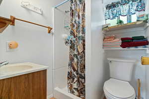 Bathroom featuring curtained shower and vanity