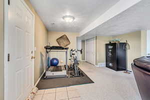 Workout area featuring a textured ceiling and carpet floors