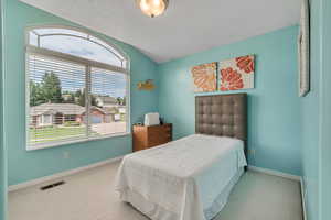 Carpeted bedroom featuring baseboards and lofted ceiling