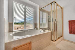 Full bathroom with plenty of natural light, a shower stall, a bath, and tile patterned floors