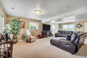 Carpeted living area featuring a textured ceiling