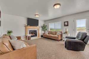 Living room with a fireplace, carpet flooring, healthy amount of natural light, and a textured ceiling