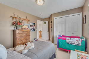 Bedroom with carpet flooring and a closet