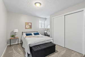 Bedroom with carpet, a textured ceiling, and a closet